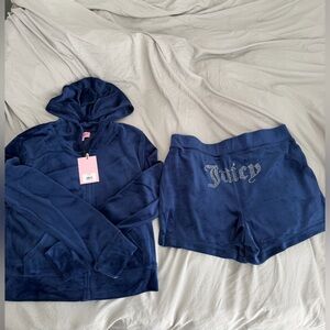 NWT JUICY COUTURE Velour Bling Set large Hoodie Shorts blue Y2K Old Money